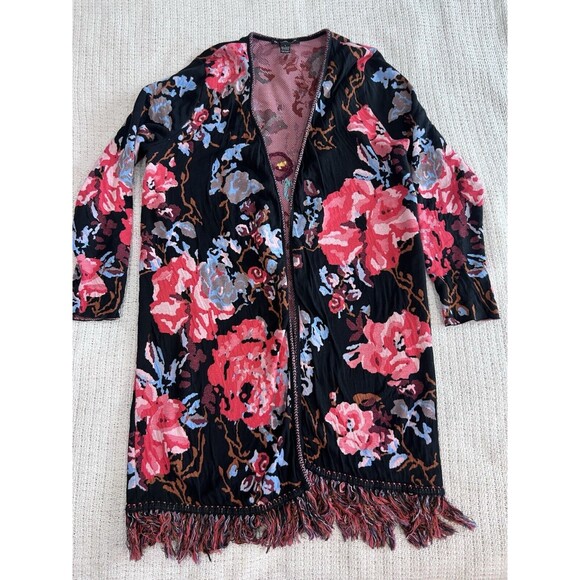 INC Concepts Sz L Floral Embroidered Fringe Open Front Robe Cardigan Boho - Picture 5 of 8